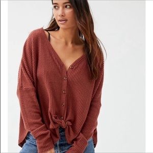 Urban Outfitters “out from under” knot hem waffle weave soft top dark burgundy